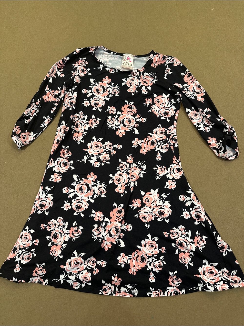 Girls Black Floral Swing Dress with Pink Roses